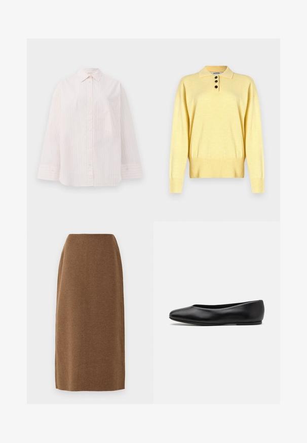 Polo sweater giallo a maglia con colletto, dotato di tre bottoni scuri, orlo a coste e maniche lunghe, realizzato in un tessuto morbido.; Camicia button-up rosa chiaro con strisce bianche verticali, maniche lunghe, colletto a punta e una tasca sul petto. Tessuto morbido.; Gonna marrone al ginocchio realizzata in tessuto morbido con una texture liscia e una linea dritta; presenta una sottile cucitura lungo i lati.; Paul Smith TOPANGA - Ballerine - black