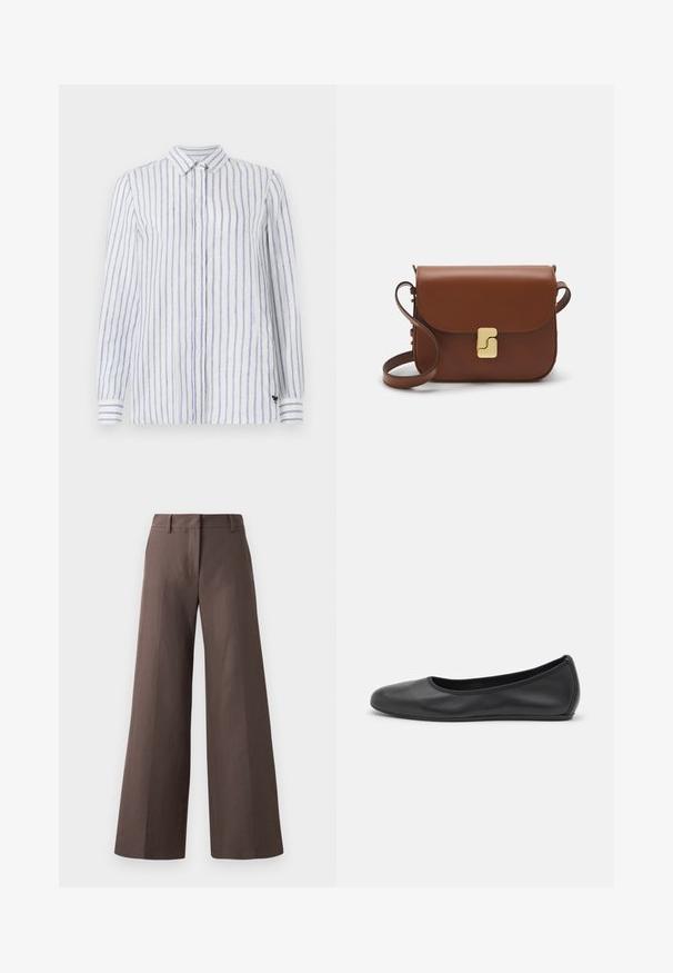 Yellow knitted polo sweater with a collar, featuring three dark buttons, ribbed hem, and long sleeves, made from soft fabric.; White long-sleeve shirt with blue vertical stripes, button-down collar, and small black logo on the bottom left. Made of lightweight fabric.; Brown wide-leg trousers made from a smooth fabric; features a flat front, belt loops, and vertical seams down the legs.; Black leather ballet flat with a rounded toe, smooth texture, minimal stitching detail, and a flexible sole design.; Brown leather handbag with a flap closure, gold-tone hardware, a shoulder strap, and a smooth texture. Compact rectangular shape.
