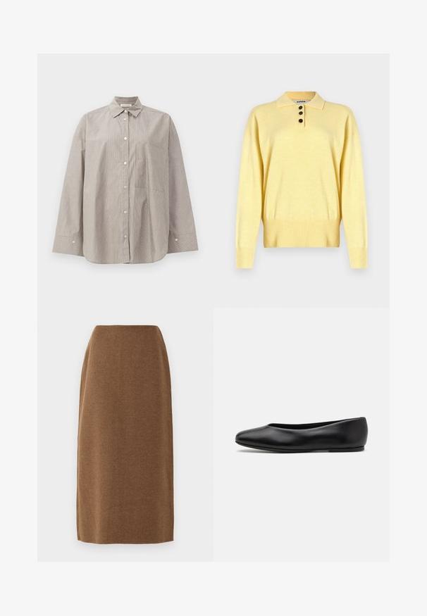 Yellow knitted polo sweater with a collar, featuring three dark buttons, ribbed hem, and long sleeves, made from soft fabric.; Striped button-up shirt in beige and white, featuring a pointed collar, long sleeves, front pocket, and a relaxed fit.; Brown, knee-length skirt made of soft fabric with a smooth texture and a straight cut; features a subtle seam detail along the sides.; Paul Smith TOPANGA - Ballet pumps - black