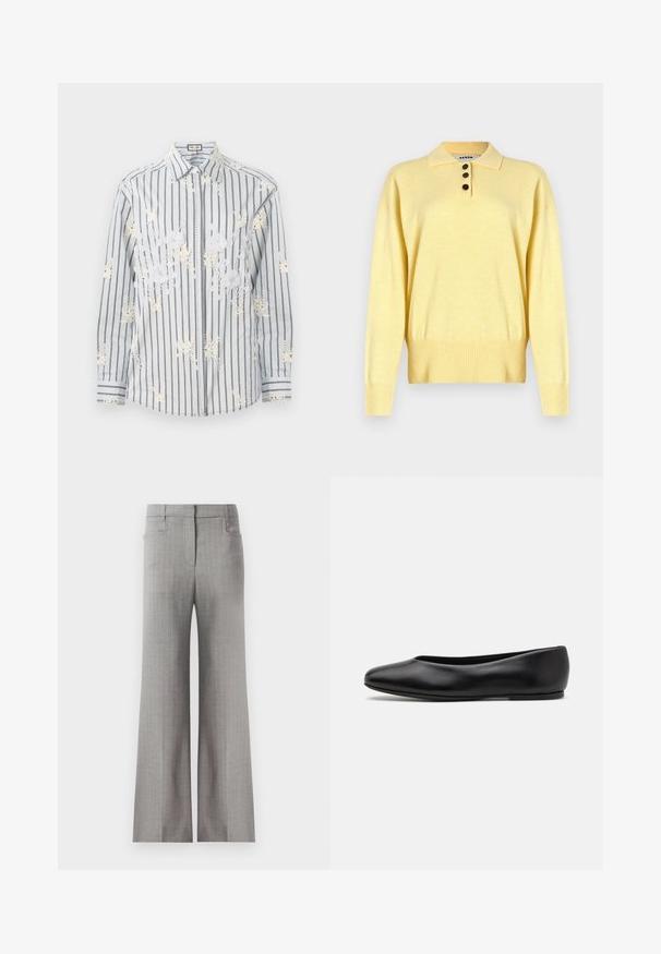 Polo sweater giallo a maglia con colletto, dotato di tre bottoni scuri, orlo a coste e maniche lunghe, realizzato in un tessuto morbido.; Camicia a righe celeste con ricami floreali bianchi, maniche lunghe e accenti neri a contrasto sui polsini e sul colletto.; Pantaloni a gamba larga grigio chiaro con un motivo a righe sottili, dotati di una vita sartoriale e due tasche laterali. Tessuto dalla consistenza morbida.; Paul Smith TOPANGA - Ballerine - black