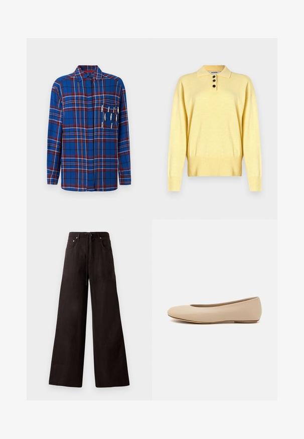 Yellow knitted polo sweater with a collar, featuring three dark buttons, ribbed hem, and long sleeves, made from soft fabric.; Blue plaid long-sleeve shirt with red and white accents, includes decorative safety pins on the chest pocket, featuring a collared design.; Black wide-leg pants made from lightweight fabric. Features a drawstring waist, front pockets, and subtle texture.; Beige leather ballet flat with rounded toe, minimal seam detailing, low heel, and subtle logo on the back. Smooth, matte texture.