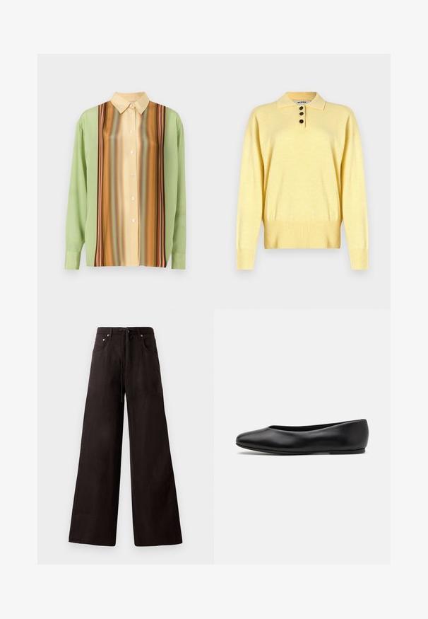 Żółty dzianinowy sweter polo z kołnierzykiem, z trzema ciemnymi guzikami, ściągacz na dole i długimi rękawami, wykonany z miękkiego materiału.; Koszula z długim rękawem w jasnym zielonym i kremowym żółtym kolorze, z pionowymi paskami w odcieniach brązu, pomarańczu i czerwieni; pięć guzików z przodu.; Czarne spodnie szerokie wykonane z lekkiego materiału. Posiadają elastyczny pasek w talii, przednie kieszenie oraz subtelną teksturę.; Paul Smith TOPANGA czarny