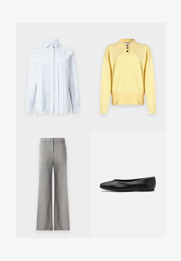 Žuti pleteni polo džemper s ovratnikom, s tri tamne gumbe, rebrastim porubom i dugim rukavima, izrađen od mekane tkanine.; Svijetloplavi košulja dugih rukava s oštrim ovratnikom, koja sadrži vertikalne nabore duž prednje strane i kopčanje na prsima. Glatka tekstura tkanine.; Svijetlosive hlače širokog kroja s uzorkom pruga, s krojenim pojasom i dva bočna džepa. Glatka tekstura tkanine.; Paul Smith TOPANGA - Balerinke - black