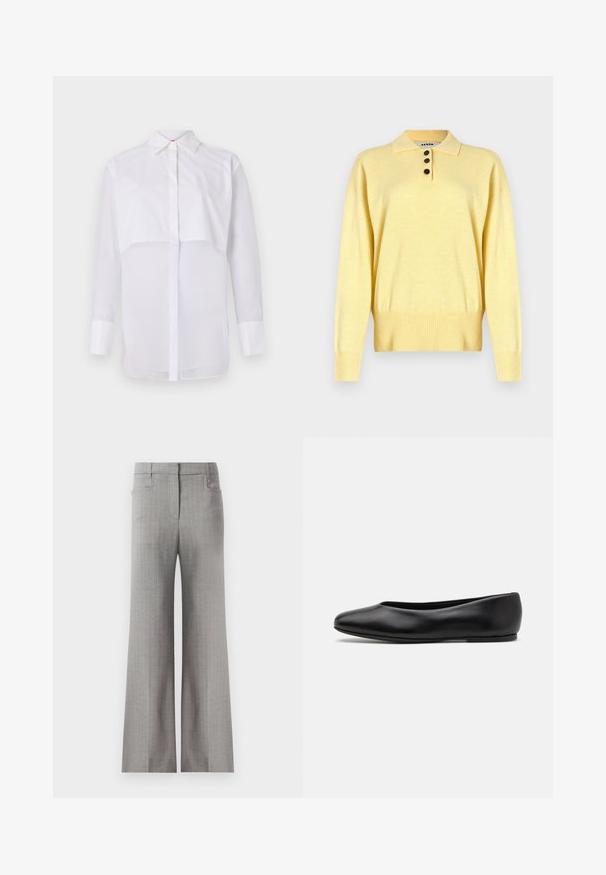 Žlutý pletený polo svetr s límečkem, má tři tmavé knoflíky, žebrovaný lem a dlouhé rukávy, vyrobený z měkké látky.; Bílá blůza s dlouhým rukávem vyrobená z lehké tkaniny, s klasickým límečkem, předními knoflíky a vrstveným designem s průhlednou spodní částí.; Světle šedé široké kalhoty s pruhovaným vzorem, s upraveným pasem a dvěma postranními kapsami. Hladká textilie.; Paul Smith TOPANGA - Klasické baleríny - black