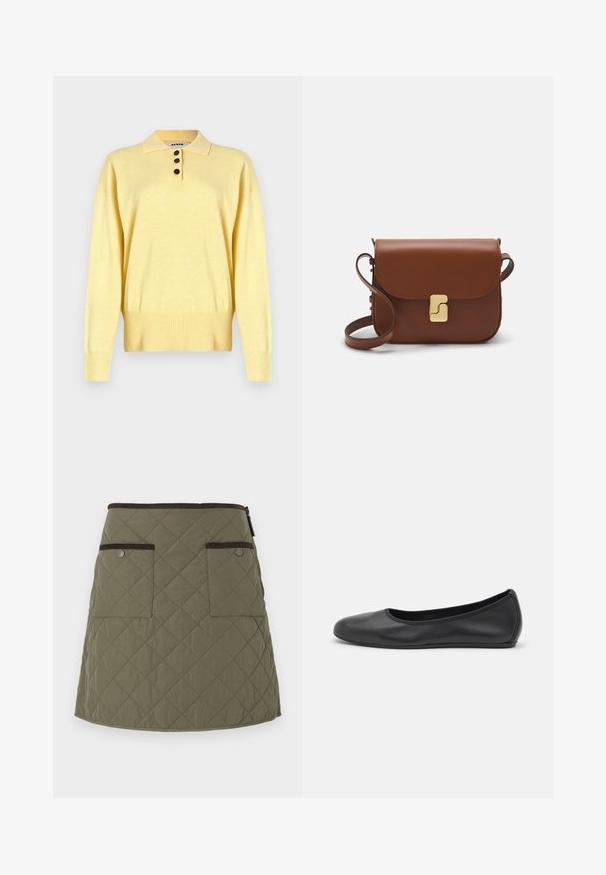 Yellow knitted polo sweater with a collar, featuring three dark buttons, ribbed hem, and long sleeves, made from soft fabric.; Quilted skirt in olive green with a hemline falling above the knee. Features two front pockets with dark brown accents and a zipper closure.; Black leather ballet flat with a rounded toe, smooth texture, minimal stitching detail, and a flexible sole design.; Brown leather handbag with a flap closure, gold-tone hardware, a shoulder strap, and a smooth texture. Compact rectangular shape.