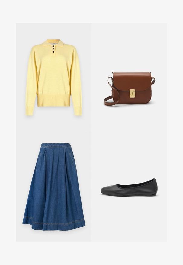 Polo sweater giallo a maglia con colletto, dotato di tre bottoni scuri, orlo a coste e maniche lunghe, realizzato in un tessuto morbido.; Gonna di jeans con design svasato, colore blu scuro e pieghe. Presenta una vita e tasche laterali con dettagli di cucitura a contrasto.; Pantofole da balletto nere in pelle con punta arrotondata, texture liscia, dettagli di cucitura minimi e design con suola flessibile.; Borsa a tracolla in pelle marrone con chiusura a pattina, hardware color oro, tracolla e una finitura liscia. Forma rettangolare compatta.