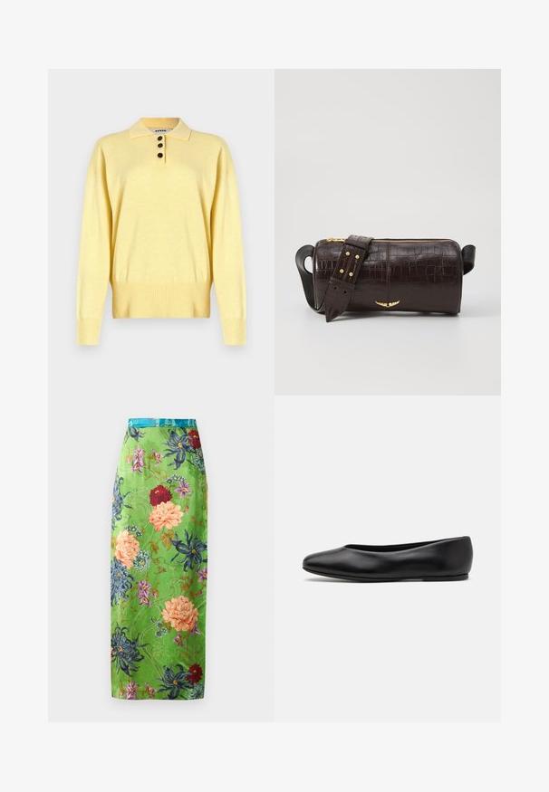 Gelbes, gestricktes Polo Sweatshirt mit Kragen, ausgestattet mit drei dunklen Knöpfen, geripptem Saum und langen Ärmeln, aus weichem Material gefertigt.; Blumiges Midikleid aus grüner Satin, verziert mit bunten Blüten in Pink, Blau und Rot. Abgerundet mit einem türkisfarbenen Bund und komplizierten Mustern.; Paul Smith TOPANGA - Klassischer Ballerina - black; Braune, krokodilgeprägte Lederhandtasche mit zylindrischer Form, goldfarbener Hardware und einem abnehmbaren Tragegurt mit Nieten.
