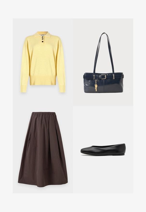 Žuti pleteni polo džemper s ovratnikom, s tri tamne gumbe, rebrastim porubom i dugim rukavima, izrađen od mekane tkanine.; Smeđa suknja midi duljine s elastičnom waistbandom i suptilnim plisama na bijeloj pozadini.; Paul Smith TOPANGA - Balerinke - black; Morska kožna torbica s dva duga ramena, detaljem kopče i privjeskom za ključeve. Ima glatku teksturu i pravokutni oblik.