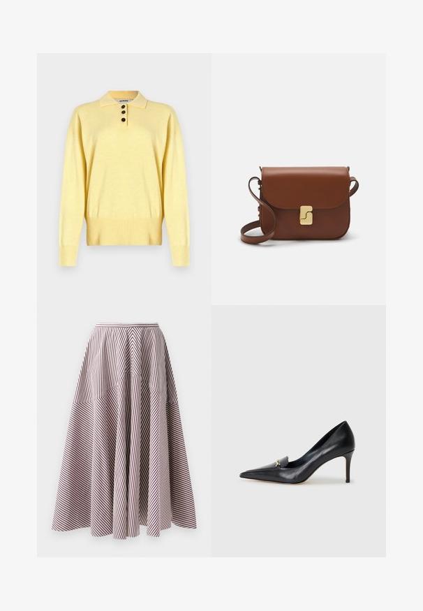 Pull polo tricoté jaune avec un col, comportant trois boutons foncés, un ourlet côtelé et des manches longues, fabriqué en tissu doux.; Jupe rayée avec des lignes verticales blanches et bordeaux, présentant un design évasé et une texture froncée à la taille, fabriquée en tissu léger.; Escarpin en cuir noir avec un bout pointu, un décolleté bas et un ornement doré décoratif. Doté d'un talon aiguille et d'une texture lisse.; Sac à main en cuir marron avec une fermeture à rabat, des accents en métal doré, une bandoulière et une texture lisse. Forme rectangulaire compacte.