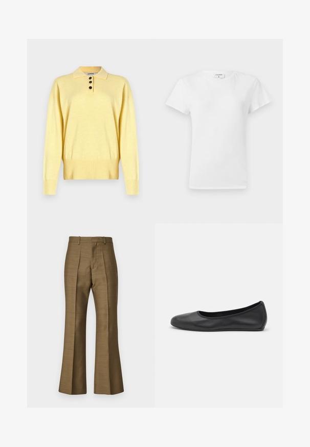 Gul strikket polo sweater med krave, der har tre mørke knapper, ribbet bund og lange ærmer, lavet af blødt stof.; Hvid bomulds t-shirt med rund hals og korte ærmer, præsenteret i et afslappet fit og minimalistisk design. Etiketten er synlig ved halsen.; Brune flared bukser lavet af glat stof, med for-pletter, en skræddersyet talje og en subtil glans. Ingen synlig metaldele eller mønstre.; Sort læderballetsko med rund tå, glat tekstur, minimal syning og et fleksibelt såldesign.