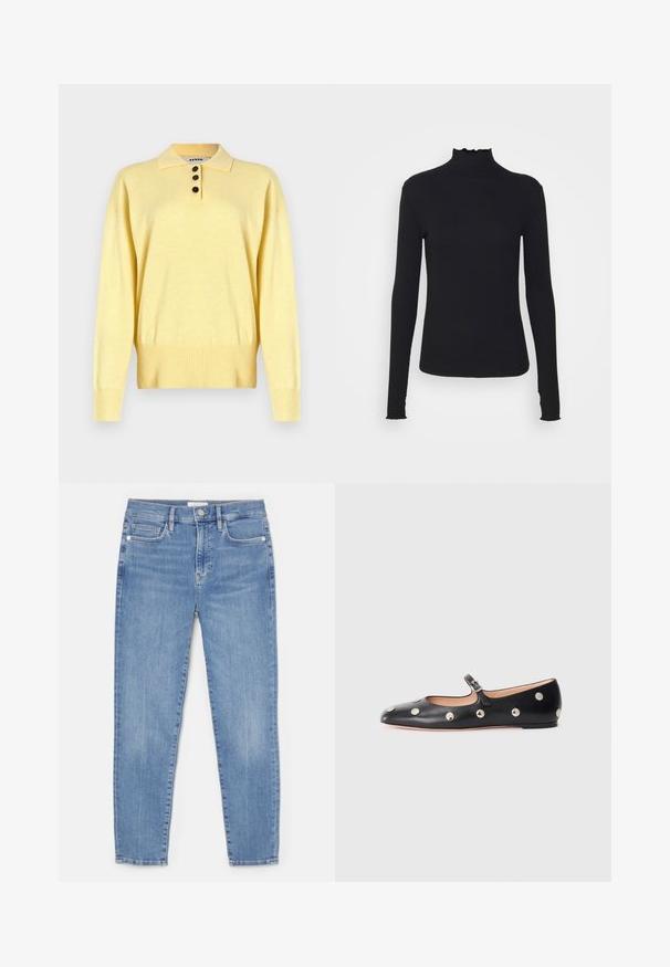 Geel gebreide poloshirt met een kraag, voorzien van drie donkere knopen, een geribde zoom en lange mouwen, gemaakt van zacht materiaal.; Zwarte langärmelige turtleneck top van soepel stof, met een gerimpelde hals en een aansluitende silhouet met eenvoudige randen.; Lichtblauwe spijkerbroek met een aansluitend ontwerp, vijf zakken, een knoopsluiting aan de voorkant en zichtbare stiksels langs de naden.; Zwarte leren Mary Jane ballerina met een ronde neus, voorzien van zilveren ronde studs en een verstelbaar bandje met een gesp.