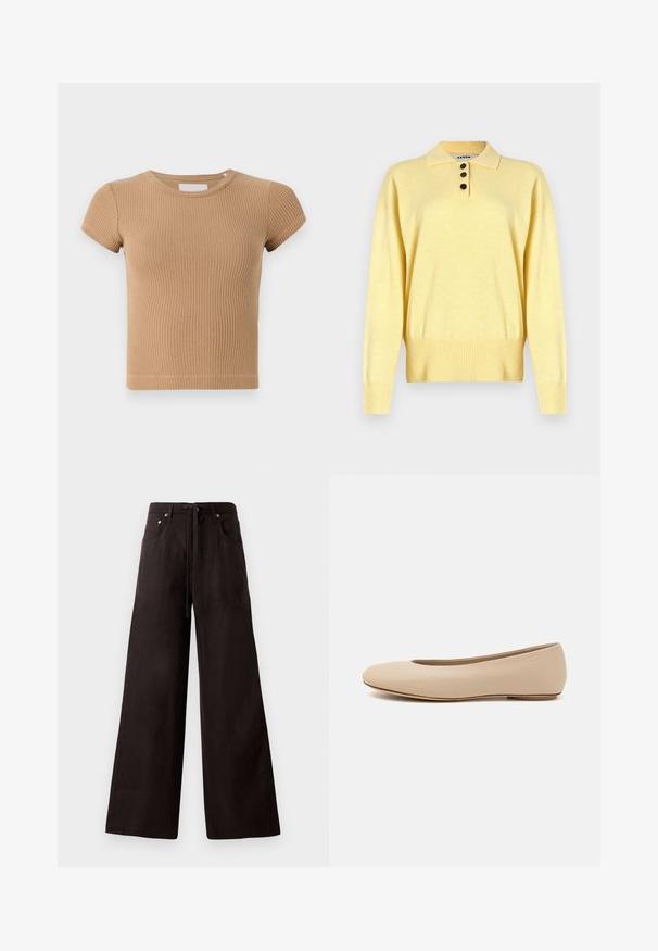 Żółty dzianinowy sweter polo z kołnierzykiem, z trzema ciemnymi guzikami, ściągacz na dole i długimi rękawami, wykonany z miękkiego materiału.; Jasnobrązowa, prążkowana koszulka z krótkim rękawem, okrągłym dekoltem i dopasowanym krojem. Miękka tekstura z minimalnymi detalami w szwach.; Czarne spodnie szerokie wykonane z lekkiego materiału. Posiadają elastyczny pasek w talii, przednie kieszenie oraz subtelną teksturę.; Beżowe skórzane baleriny z zaokrąglonym noskiem, minimalnymi szwami, niskim obcasem oraz subtelnym logo z tyłu. Gładka, matowa tekstura.