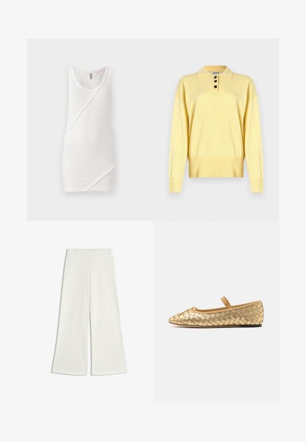 Žuti pleteni polo džemper s ovratnikom, s tri tamne gumbe, rebrastim porubom i dugim rukavima, izrađen od mekane tkanine.; Bijela majica bez rukava od rebrastog materijala, s okruglim izrezom i dijagonalnim šavom na prednjoj strani, s sirovim rubovima.; Bijele hlače širokih nogavica napravljene od glatkog materijala. Imaju visoki struk i nevidljive šavove, stvarajući čistu siluetu.; Loeffler Randall LEONIE SOFT BALLET FLAT - Balerinke s trakom oko gležnja - gold