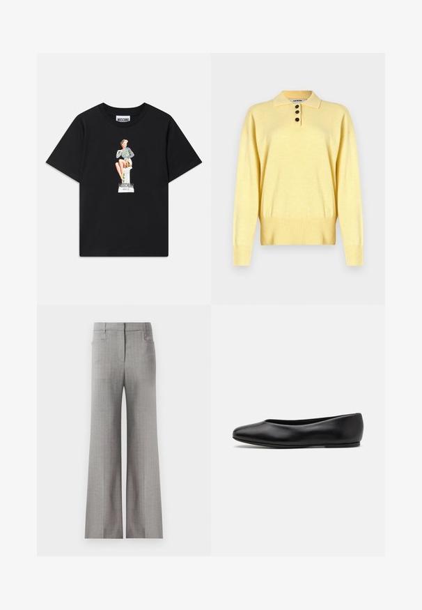 Žuti pleteni polo džemper s ovratnikom, s tri tamne gumbe, rebrastim porubom i dugim rukavima, izrađen od mekane tkanine.; Crna pamučna majica s printom grafike žene u prugastom topu koja sjedi na postamentu, s tekstom "Moschino Jeans" ispod.; Svijetlosive hlače širokog kroja s uzorkom pruga, s krojenim pojasom i dva bočna džepa. Glatka tekstura tkanine.; Paul Smith TOPANGA - Balerinke - black