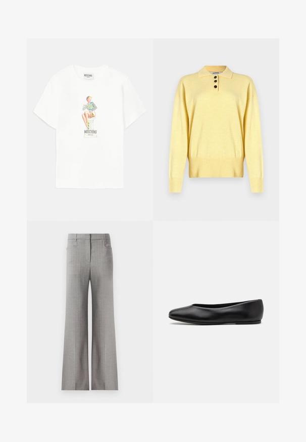 Yellow knitted polo sweater with a collar, featuring three dark buttons, ribbed hem, and long sleeves, made from soft fabric.; White cotton t-shirt featuring a colorful graphic design of a woman sitting on a pedestal, with "MOSCHINO JEANS" text below.; Light gray wide-leg trousers with a pinstriped pattern, featuring a tailored waistband and two side pockets. Smooth fabric texture.; Paul Smith TOPANGA - Ballet pumps - black