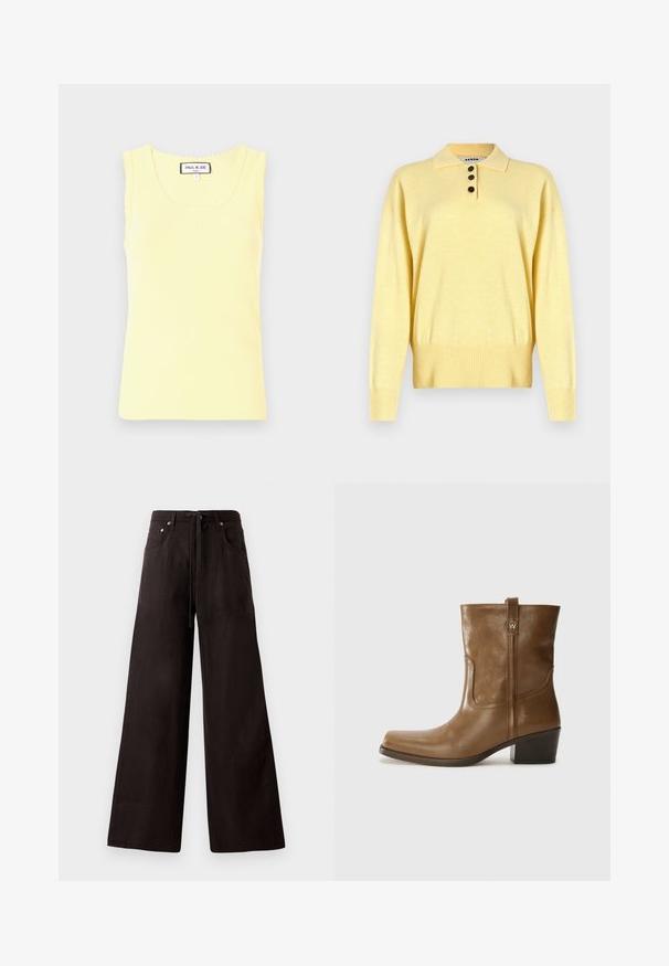Żółty dzianinowy sweter polo z kołnierzykiem, z trzema ciemnymi guzikami, ściągacz na dole i długimi rękawami, wykonany z miękkiego materiału.; Żółty prążkowany top na ramiączkach z okrągłym dekoltem, falbankowymi brzegami i małym wytłoczonym logo na środku. Wykonany z miękkiej tkaniny, krótki rękaw.; Czarne spodnie szerokie wykonane z lekkiego materiału. Posiadają elastyczny pasek w talii, przednie kieszenie oraz subtelną teksturę.; Brązowy skórzany botek za kostkę z kwadratowym noskiem, teksturowanym wykończeniem i niskim, zakrytym obcasem. Posiada tylną pętelkę do zakładania oraz subtelne detale przeszycia.