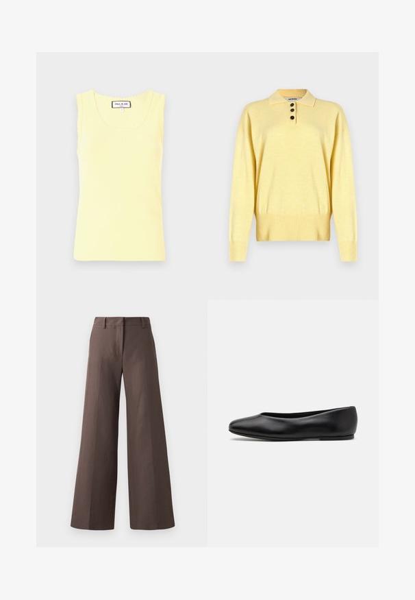 Gul strikket polo sweater med krave, der har tre mørke knapper, ribbet bund og lange ærmer, lavet af blødt stof.; Gul ribbet tanktop med en rund halsudskæring, bølgede kanter og et lille præget logo i midten. Lavet af blødt stof, med korte ærmer.; Brune brede bukser lavet af et glat stof; har en flad front, bæltestropper og lodrette sømme ned ad benene.; Paul Smith TOPANGA - Ballerinasko - black