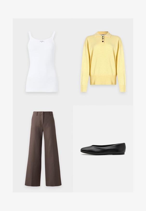 Polo sweater giallo a maglia con colletto, dotato di tre bottoni scuri, orlo a coste e maniche lunghe, realizzato in un tessuto morbido.; Top canotta bianca a coste con spalline sottili, caratterizzato da un design semplice e una silhouette aderente. Il tessuto è liscio con una leggera elasticità.; Pantaloni a gamba larga marroni realizzati in un tessuto liscio; presentano un frontale piatto, passanti per cintura e cuciture verticali lungo le gambe.; Paul Smith TOPANGA - Ballerine - black