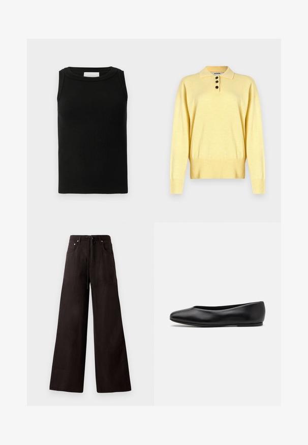 Žuti pleteni polo džemper s ovratnikom, s tri tamne gumbe, rebrastim porubom i dugim rukavima, izrađen od mekane tkanine.; Crna rebrasta majica bez rukava izrađena od mekog materijala, s okruglim izrezom. Jednostavan i svestran kroj.; Crne široke hlače od laganog materijala. Imaju struk s vezicom, prednje džepove i suptilnu teksturu.; Paul Smith TOPANGA - Balerinke - black
