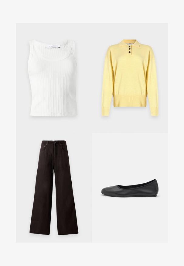 Gelbes, gestricktes Polo Sweatshirt mit Kragen, ausgestattet mit drei dunklen Knöpfen, geripptem Saum und langen Ärmeln, aus weichem Material gefertigt.; Iro EMMA - Top - white; Schwarze weite Hosen aus leichtem Material. Mit einem Zugband am Bund, Fronttaschen und dezenter Textur.; Schwarze Leder-Ballettschuhe mit abgerundeter Spitze, glatter Textur, minimalen Nähdetails und einem flexiblen Sohlen-Design.