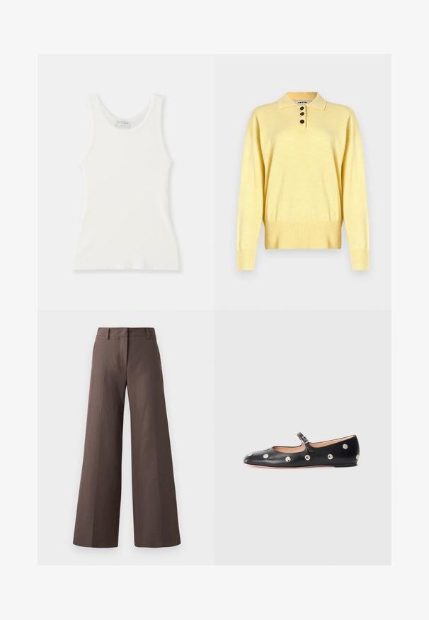 Rumena pletena polo majica s ovratnikom, ki ima tri temne gumbke, rebrast rob in dolge rokave, narejena iz mehkega blaga.; Bela rebrasta majica bez rukava s okruglim izrezom i širokim naramenicama, koja se odlikuje mekanom teksturom i prilagođenim krojem.; Rjave široke hlače narejene iz gladkega blaga; vsebujejo ravno sprednjo stran, zanke za pas in vertikalne šive po nogah.; Črne usnjene Mary Jane balerinke z zaobljenim noskom, opremljene z zlatimi krožnimi mošnjo in nastavljivim trakom z zaponko.