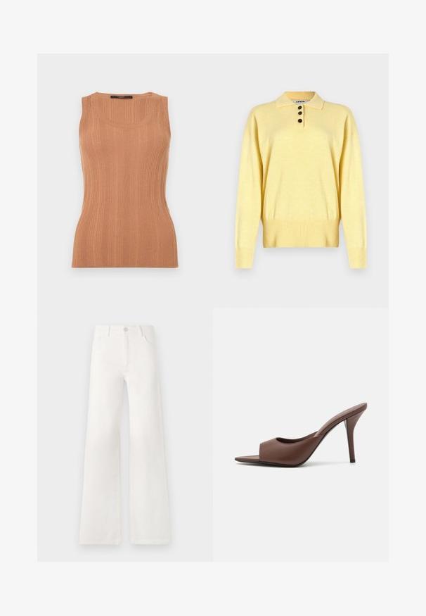 Žuti pleteni polo džemper s ovratnikom, s tri tamne gumbe, rebrastim porubom i dugim rukavima, izrađen od mekane tkanine.; Weekend Max Mara CEYLON - Top - desert; Bijele, visokotalasne široke traperice. Imaju kopčanje na dugme, dva prednja džepa i bočne šavove s detaljima šivanja.; Smeđe kožne mule s visokom potpeticom i otvorenim prstima, s elegantnim dizajnom, širokim prednjim remenom i vitkom stiletto potpeticom.