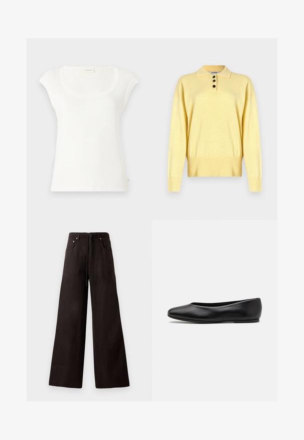 Keltainen neulottu polo pusero, jossa on kaulus, kolme tumman väristä nappia, ribbireunus ja pitkät hihat, valmistettu pehmeästä kankaasta.; Valkoinen lyhythihainen t-paita, joka on valmistettu pehmeästä puuvillasta. Ominaisuuksina pyöreä pääntie ja rento istuvuus. Tunnisteet kiinnitetty takana.; Mustat leveät housut, jotka on valmistettu kevyestä kankaasta. Ominaisuuksia sisäänrakennettu kiristysvyötärö, etutaskut ja hienovarainen tekstuuri.; Paul Smith TOPANGA - Ballerinat - black