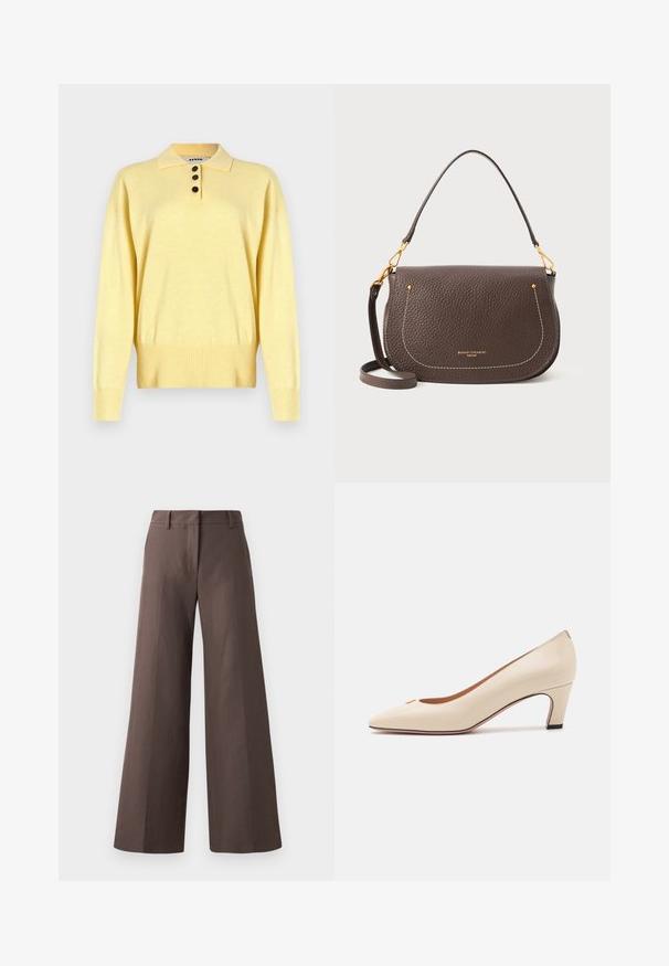 Geel gebreide poloshirt met een kraag, voorzien van drie donkere knopen, een geribde zoom en lange mouwen, gemaakt van zacht materiaal.; Bruine hoge taille broek met wijde pijpen, gemaakt van een gladde stof; heeft een platte voorkant, riemlussen en verticale naden langs de benen.; Beige patentleren pump met een puntige neus en een lage blokhak. Beschikt over een klein gouden logo detail op de neus. Glad oppervlak.; Bruine leren handtas met een gestructureerde afwerking, gebogen vorm, witte stiksels en gouden hardware. Inclusief verstelbare schouderriem.