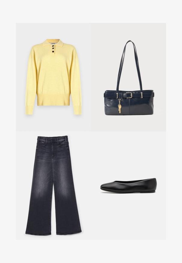 Pull polo tricoté jaune avec un col, comportant trois boutons foncés, un ourlet côtelé et des manches longues, fabriqué en tissu doux.; Mother THE HUSTLER ROLLER SNEAK - Wide Leg - not today satan; Paul Smith TOPANGA - Ballerines - black; Sac à main en cuir bleu marine avec deux longues poignées, un détail de boucle et un porte-clés accroché. Il présente une texture lisse et une forme rectangulaire.