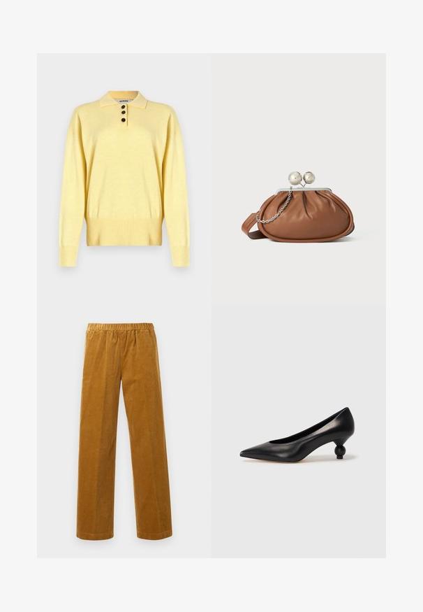 Yellow knitted polo sweater with a collar, featuring three dark buttons, ribbed hem, and long sleeves, made from soft fabric.; Elastic waist straight-leg corduroy pants in mustard brown with vertical ribbed texture, displayed against a plain white background.; Black leather high heel shoe with a pointed toe and a round, balled heel. Smooth texture with a sleek, minimal design.; Brown leather clutch purse with silver ball clasp and a small silver chain detail on a white background.