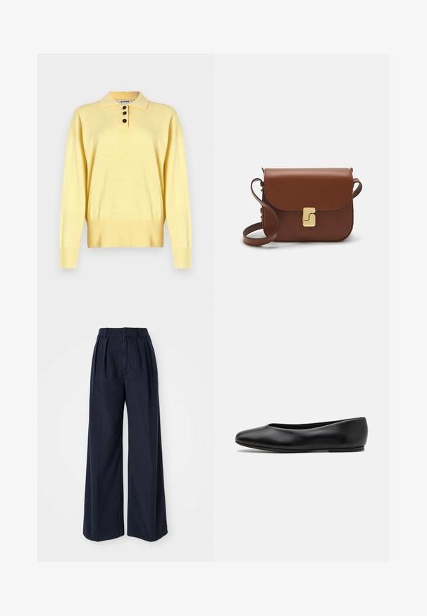 Yellow knitted polo sweater with a collar, featuring three dark buttons, ribbed hem, and long sleeves, made from soft fabric.; Dark navy wide-leg trousers made of cotton, featuring pleats at the front, a high waist, and a zipper fly with a button closure.; Paul Smith TOPANGA - Ballet pumps - black; Brown leather handbag with a flap closure, gold-tone hardware, a shoulder strap, and a smooth texture. Compact rectangular shape.