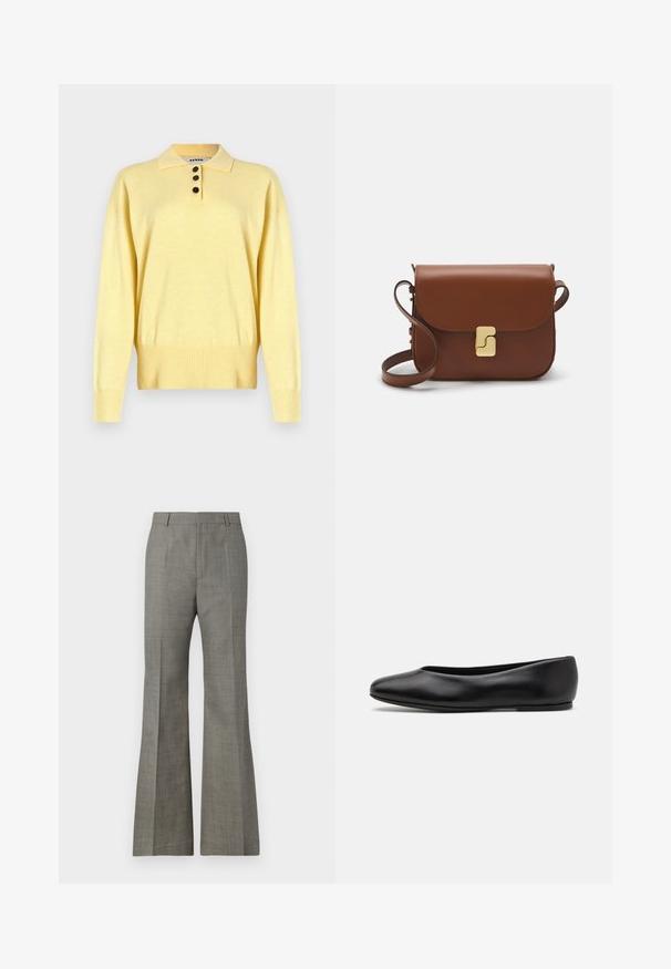Yellow knitted polo sweater with a collar, featuring three dark buttons, ribbed hem, and long sleeves, made from soft fabric.; Gray flared trousers made of textured fabric, featuring a tailored fit, subtle plaid pattern, and front creases for a refined appearance.; Paul Smith TOPANGA - Ballet pumps - black; Brown leather handbag with a flap closure, gold-tone hardware, a shoulder strap, and a smooth texture. Compact rectangular shape.