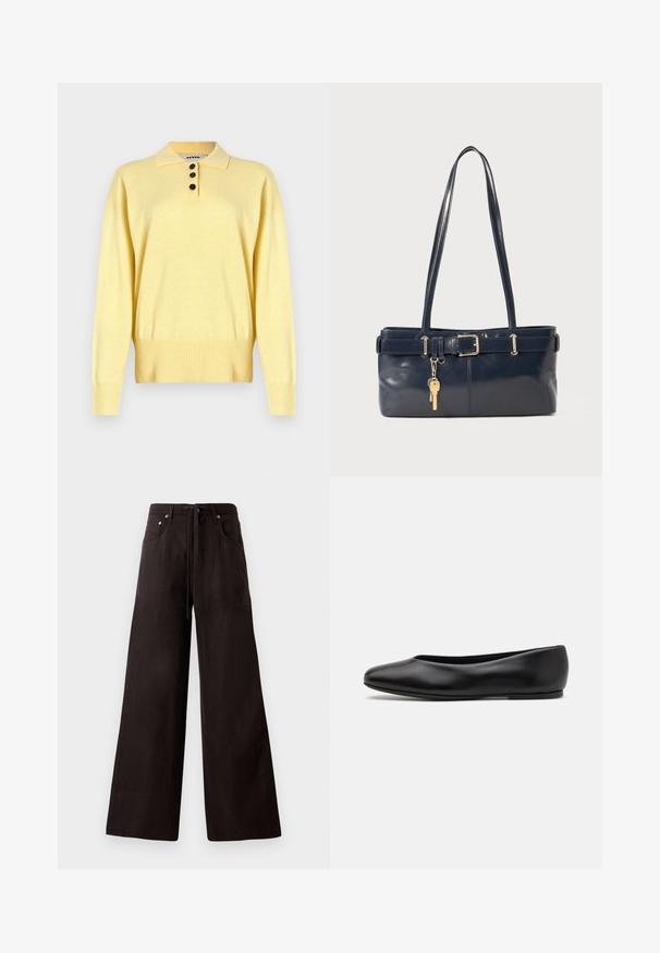 Geltonas megztinis polo su apykakle, turintis tris tamsias mygtukus, raukšlėtą apačią ir ilgomis rankovėmis, pagamintas iš minkštos medžiagos.; Juodos plačios kelnės, pagamintos iš lengvos medžiagos. Turi raištelį liemens, priekinės kišenes ir subtilų tekstūrą.; Paul Smith TOPANGA - Balerinos stiliaus laivutės - black; Jūrinės odos rankinė su dviem ilgais rankenomis, sagties detalė ir pridėtas raktų pakabukas. Turi lygią tekstūrą ir stačiakampio formą.