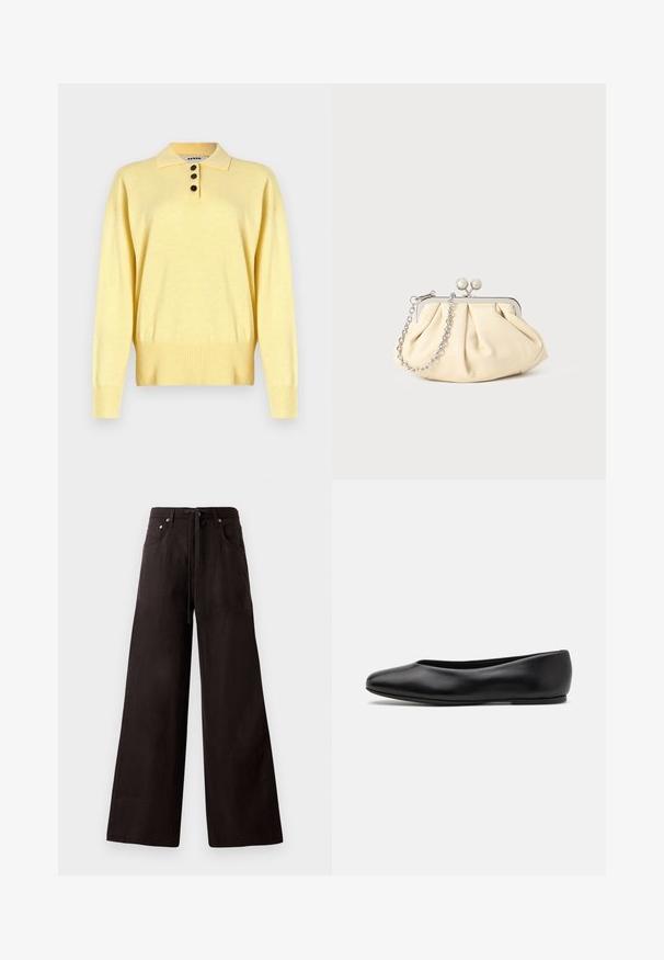 Pull polo tricoté jaune avec un col, comportant trois boutons foncés, un ourlet côtelé et des manches longues, fabriqué en tissu doux.; Pantalon large noir en tissu léger. Doté d'une taille à cordon de serrage, de poches avant et d'une texture subtile.; Paul Smith TOPANGA - Ballerines - black; Pochette en cuir beige plissé avec un cadre en métal argenté, dotée de deux fermoirs ronds décoratifs et d'une chaîne en argent.