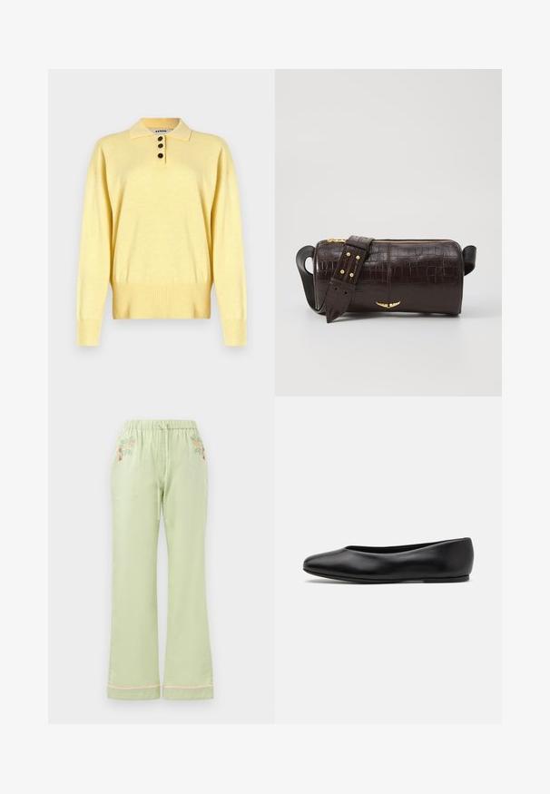 Žuti pleteni polo džemper s ovratnikom, s tri tamne gumbe, rebrastim porubom i dugim rukavima, izrađen od mekane tkanine.; Svijetlozelene hlače širokog kroja s elastičnom strukom i vezicom. Imaju cvjetni vez na prednjoj strani i detalje u ružičastoj boji na rubu.; Paul Smith TOPANGA - Balerinke - black; Smeđa torba od kože s embosiranim krokodilskim uzorkom, cilindričnog oblika, zlatne hardverske detalje i odvojivu naramenicu sa čavlima.