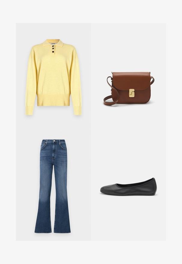 Žlutý pletený polo svetr s límečkem, má tři tmavé knoflíky, žebrovaný lem a dlouhé rukávy, vyrobený z měkké látky.; Rozšířené džíny vyrobené z modrého denimu s vysokým pasem. Jsou vybaveny pěti kapsami, zapínáním na knoflík a jemným vyblednutím na lemu.; Černé kožené baletní byty s kulatou špičkou, hladkou texturou, minimálními švy a flexibilním designem podrážky.; Hnědá kožená kabelka s klopou, zlatými kovovými detaily, ramenním popruhem a hladkým povrchem. Kompaktní obdélníkový tvar.