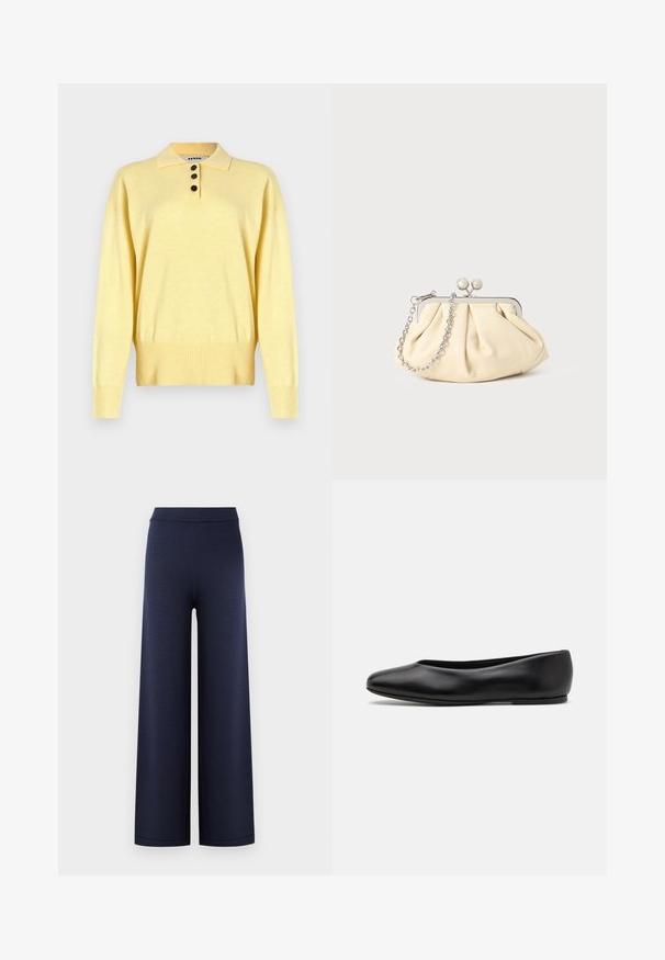 Żółty dzianinowy sweter polo z kołnierzykiem, z trzema ciemnymi guzikami, ściągacz na dole i długimi rękawami, wykonany z miękkiego materiału.; Spodnie z szerokimi nogawkami w kolorze granatowym, wykonane z teksturowanego materiału dzianinowego, z gładkim elastycznym pasem i bez widocznych zapięć.; Paul Smith TOPANGA czarny; Złożona beżowa skórzana kopertówka z srebrną metalową ramą, z dwoma okrągłymi dekoracyjnymi zapięciami i srebrnym łańcuszkiem.