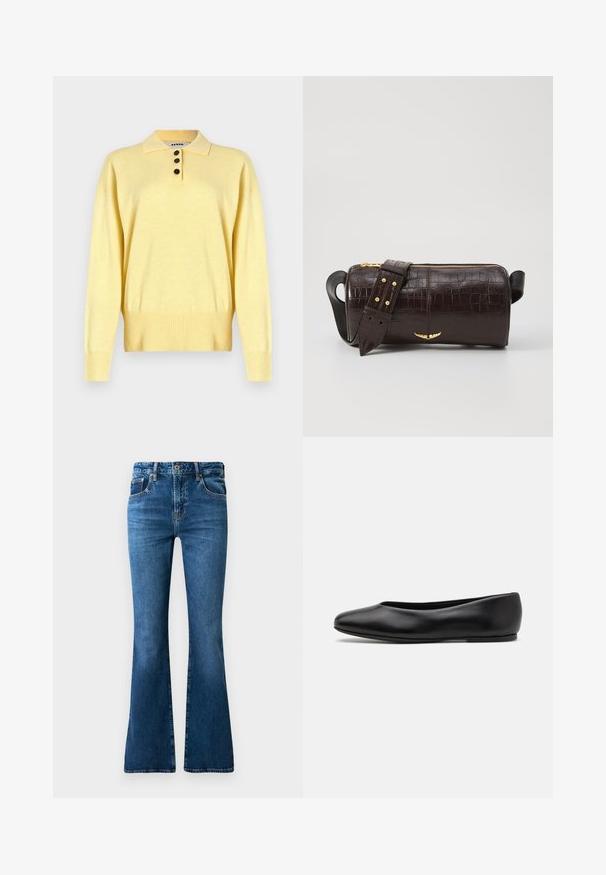 Gelbes, gestricktes Polo Sweatshirt mit Kragen, ausgestattet mit drei dunklen Knöpfen, geripptem Saum und langen Ärmeln, aus weichem Material gefertigt.; Blaue Denim-Patrouillenjeans mit mittelhohem Bund, fünf Taschen, subtiler Ausbleichung und Nahtverzierungen entlang der Nähte.; Paul Smith TOPANGA - Klassischer Ballerina - black; Braune, krokodilgeprägte Lederhandtasche mit zylindrischer Form, goldfarbener Hardware und einem abnehmbaren Tragegurt mit Nieten.