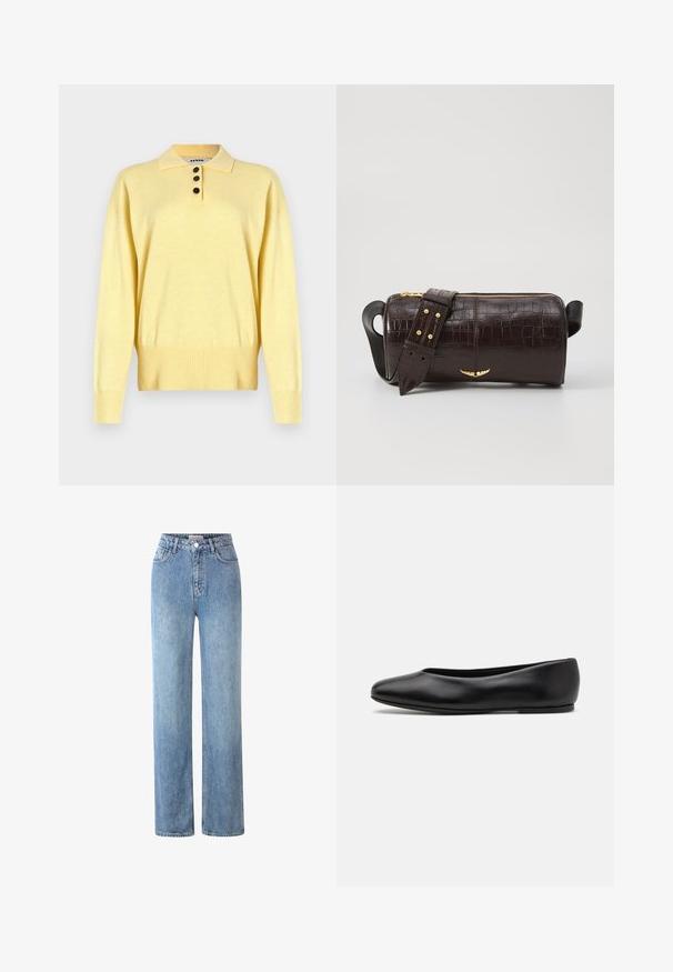Žlutý pletený polo svetr s límečkem, má tři tmavé knoflíky, žebrovaný lem a dlouhé rukávy, vyrobený z měkké látky.; Světlomodré džíny s vysokým pasem, vyrobené z denimu, s rovnou nohavicích, pěti kapsami a kovovým zapínáním.; Paul Smith TOPANGA - Klasické baleríny - black; Hnědá kabelka z krokodýlí kůže s embosováním, cylindrického tvaru, se zlacenými kovovými prvky a odnímatelným popruhem se hroty.