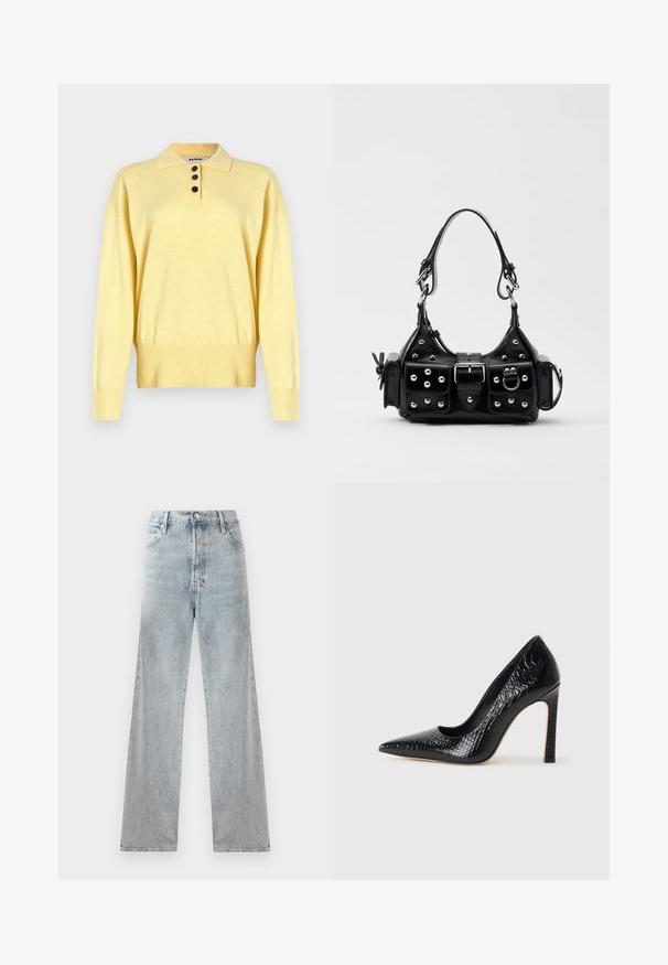 Polo sweater giallo a maglia con colletto, dotato di tre bottoni scuri, orlo a coste e maniche lunghe, realizzato in un tessuto morbido.; Jeans in denim azzurro chiaro con vita alta, silhouette a gamba larga, design tradizionale a cinque tasche e sottili effetti di whiskering.; Scarpa nera con punta a punta alta in pelle di coccodrillo, caratterizzata da un design elegante, alto tacco a spillo e interno nero liscio.; Borsa a mano in pelle nera con design curvo, caratterizzata da borchie argentate, una fibbia e due tasche laterali. Tracolla regolabile per diverse opzioni di trasporto.