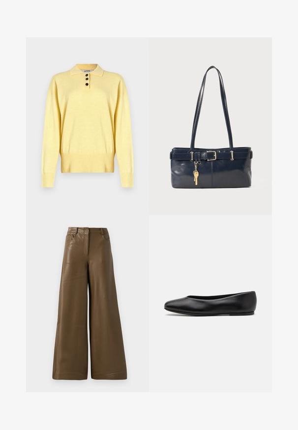 Yellow knitted polo sweater with a collar, featuring three dark buttons, ribbed hem, and long sleeves, made from soft fabric.; Wide-leg trousers made of smooth, brown faux leather. Features a high waist, four pockets, and a front zipper. Flat texture and minimalistic design.; Paul Smith TOPANGA - Ballet pumps - black; Navy leather handbag with two long handles, a buckle detail, and a keychain attached. Features a smooth texture and a rectangular shape.