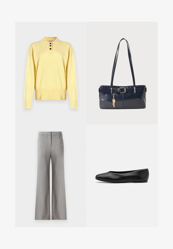 Geel gebreide poloshirt met een kraag, voorzien van drie donkere knopen, een geribde zoom en lange mouwen, gemaakt van zacht materiaal.; Lichtgrijze wijde broek met een gestreept patroon, voorzien van een op maat gemaakte tailleband en twee zijzakken. Soepele stofstructuur.; Paul Smith TOPANGA - Ballerina's - black; Marine leren handtas met twee lange hengsels, een gespdetail en een sleutelhanger eraan bevestigd. Heeft een gladde textuur en een rechthoekige vorm.