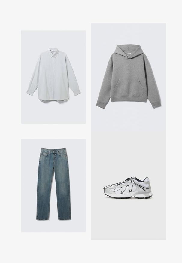 Harmaa huppari, valmistettu pehmeästä kankaasta, jossa on suuri etutasku, syvä huppu ja resorit hihansuissa, rento istuvuus.; Pitkähihaisessa valkoisessa paidassa on ohuita vaaleanharmaita pystyraitoja, napitettu etuosa, yksi rintatasku ja terävä kaulus.; Sinisiä suoria farkkuja, joissa on etutaskut ja kolikkotasku, vyölenkit ja metallinen napp closures tasaisella taustalla.; Valkoiset urheilukengät, joissa on verkkopäällinen, mustat korostukset, teksturoitu kumipohja ja joustava nauhajärjestelmä. Kevyet ja modernin muotoilun omaavat.