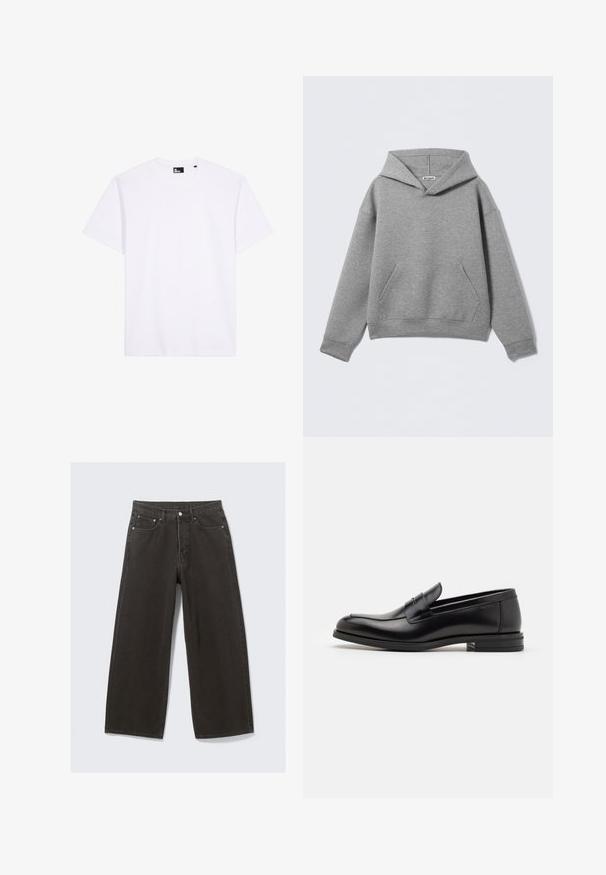 Felpa grigia con cappuccio realizzata in tessuto morbido, dotata di una grande tasca frontale, cappuccio profondo e polsini a costine con vestibilità comoda.; T-shirt bianca a maniche corte con scollatura girocollo, realizzata in tessuto morbido, con un'etichetta nera del marchio all'interno del colletto.; Jeans in denim nero a gamba larga presentano una vita alta, design a cinque tasche e chiusura con bottone. Il tessuto ha una finitura soffice e testurizzata.; Mocassini neri in pelle con una texture liscia, punta arrotondata e una striscia decorativa sulla tomaia. Tacco basso impilato, design minimalista.