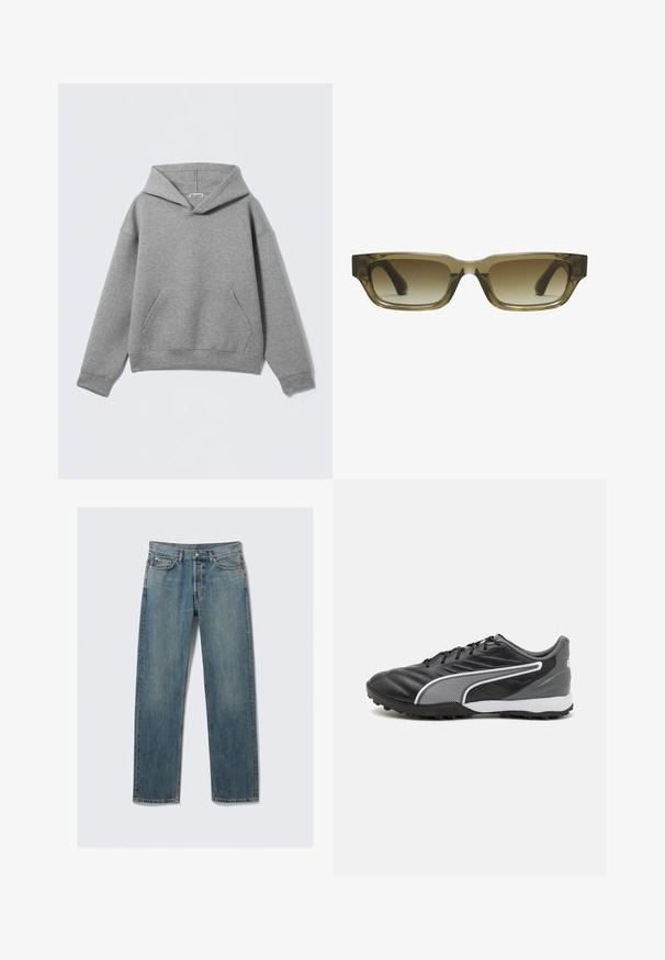 Sivi hoodie od mekanog materijala, s velikim prednjim džepom, dubokom kapuljačom i rebrastim manžetnama, udobnog kroja.; Plave traperice ravnog kroja s prednjim i džepom za novčiće, petljama za remen i metalnim zatvaranjem na jednostavnoj pozadini.; Crne atletske tenisice s glatkom kožnom gornjom površinom, s bijelim dijagonalnim crtama i teksturiranim detaljima. Guma potplat s malim čavlima.; Smeđi gradienti sunčane naočale s pravokutnim oblikom, debelim okvirima i crnim ručkama. Transparentni smeđi materijal dodaje dimenziju.