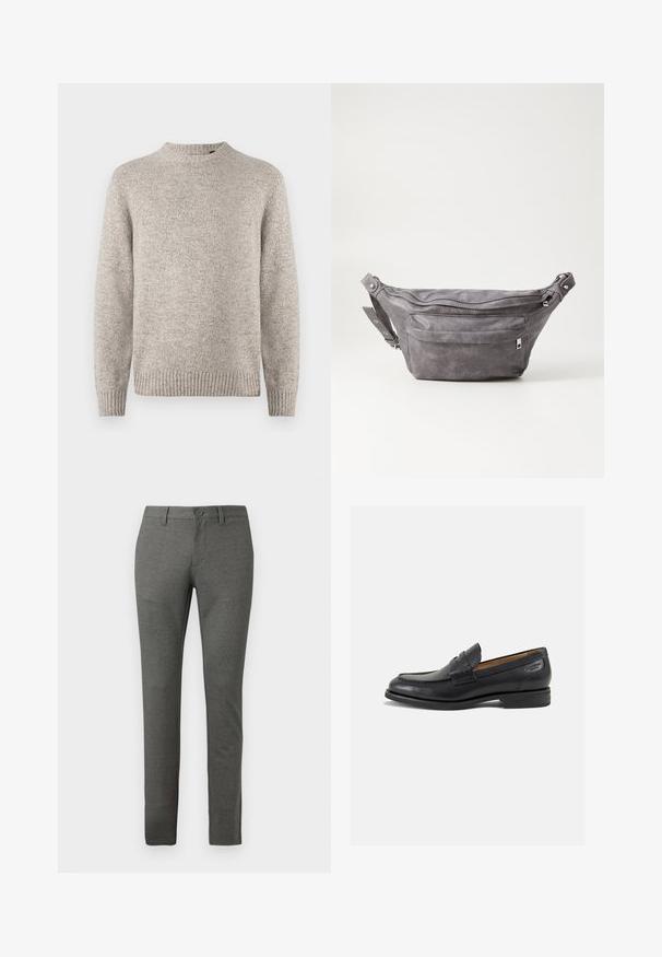 Light grey knit sweater with a round neckline, ribbed cuffs and hem, and a textured finish. No visible patterns or accents.; Gray tailored trousers with a textured finish, slim fit design, front pockets, and a single button closure at the waist.; Black leather loafers with a smooth finish, rounded toe, and decorative stitching on the vamp. Low stacked heel and slight shine.; Gray suede fanny pack with a rounded shape, two zippered compartments, and adjustable strap. Features metal hardware accents.