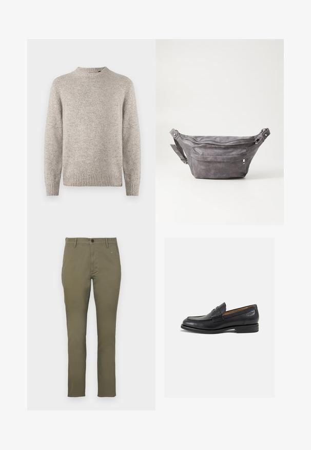 Suéter de malha cinza claro com decote redondo, punhos e barra canelados, e um acabamento texturizado. Sem padrões ou detalhes visíveis.; Chinos em verde-oliva, de corte slim, feitos de algodão com uma textura suave. Apresenta fecho com botão e quatro bolsos. Design simples e minimalista.; Mocassins pretos de pele com um acabamento suave, bico redondo e costura decorativa no a parte superior. Salto baixo e empilhado com um ligeiro brilho.; Pochete cinza em camurça com forma arredondada, dois compartimentos com fecho éclair e alça ajustável. Apresenta detalhes em metal.