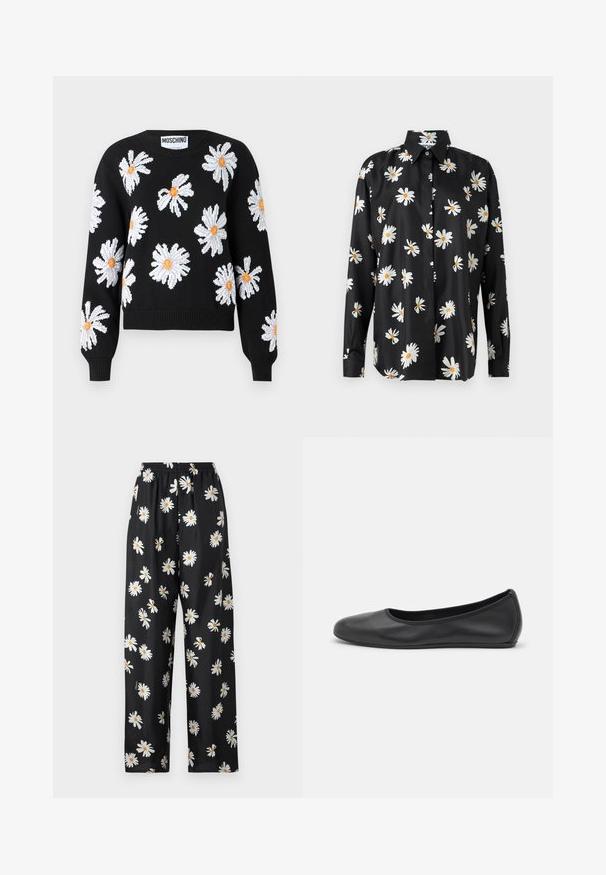 Melnā adītā džemperis ar baltām margrietiņu ziedu dizainiem, kuriem ir oranži centri. Riboti roku gaļas un apakšmala, apaļa kakla izgriezums un īsa siluets.; Melna pogu krekla ar margrietiņu rakstu baltā un dzeltenā krāsā. Izgatavots no gludas auduma ar klasisku apkakli un garām piedurknēm.; Melnās pidžamu bikses no viegla auduma ar elastīgu jostu, ar baltu margrietiņu rakstu un oranžiem centriem visā virsmā.; Melna ādas baleta kurpe ar noapaļotu purngalu, gludu tekstūru, minimālu šuvju detalizāciju un elastīgu zoles dizainu.