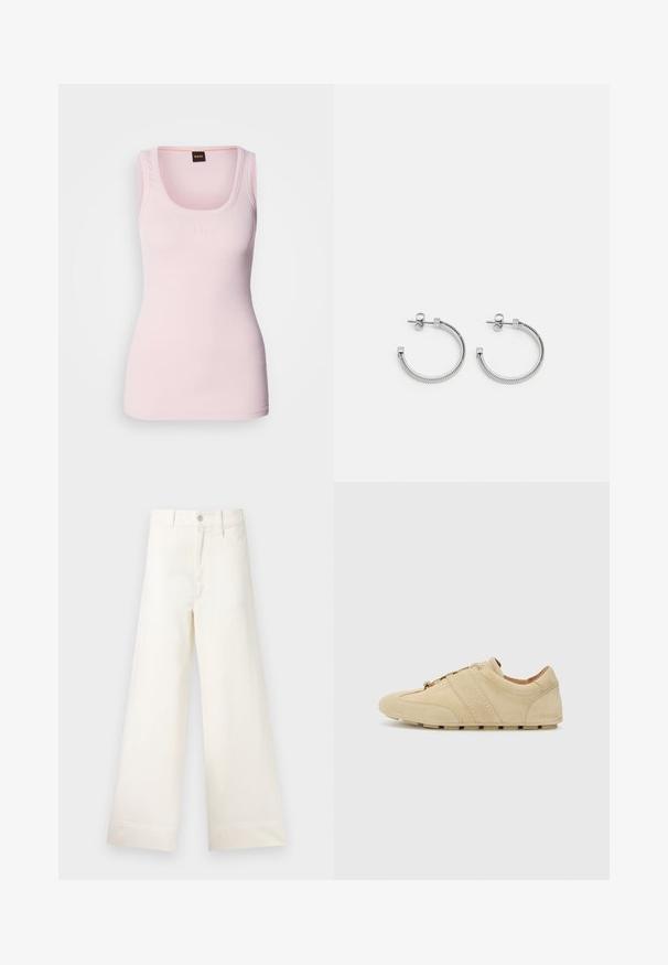 Witte gebreide turtleneck trui met een geribbelde textuur, raglanmouwen en een ontspannen pasvorm. Kenmerkt zich door een hoge kraag en zachte stof.; Lichtroze geribde tanktop met een ronde hals, voorzien van een subtiele logo op de borst en brede schouderbanden. Soepele textuur.; Gestreept overhemd in het wit met dunne bruine strepen. Heeft een puntige kraag, lange mouwen en een borstzak. Verkorte lengte.; Bredere broek van lichtbeige katoen. Heeft een hoge taille, voorzakken en een rechte snit. Schoon afgewerkte zoom zonder patronen.; Tan suède sneaker met een minimalistisch ontwerp, ronde neus en rubberen zool. Heeft twee verticale strepen en een vetersluiting. Soepele textuur.; Zilveren ringoorbellen met een gedetailleerd touwontwerp, voorzien van platte vierkante sluithardware, wat zorgt voor een minimalistische en moderne uitstraling.