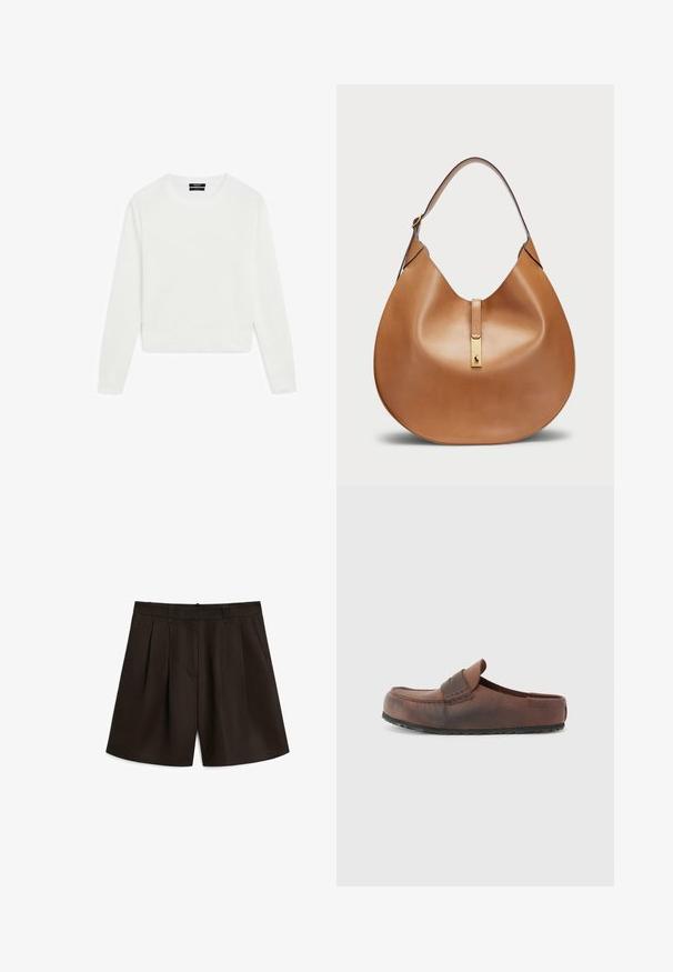 Hvid langærmet sweater, cropped design, blød tekstur, rund hals, ribbede manchetter og kant, minimalistisk stil uden synlige mønstre eller hardware.; Massimo Dutti PLEATED BERMUDA - Shorts - dark brown; Brun lædersko uden snørebånd med rund tå, dekorativ syning og en tekstureret gummisål. Simpelt design og minimale detaljer.; Tan lædertaske med en buet form og en bred skulderrem. Har et guld metalaccent i midten og en glat overflade.